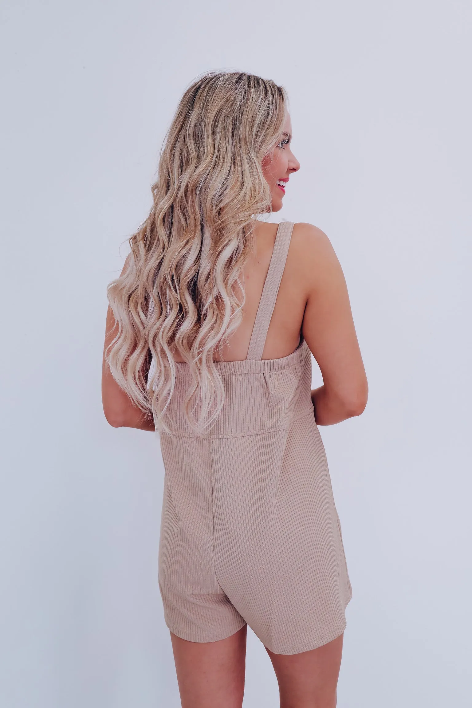 Bobi Ribbed Pocketed Romper- Taupe