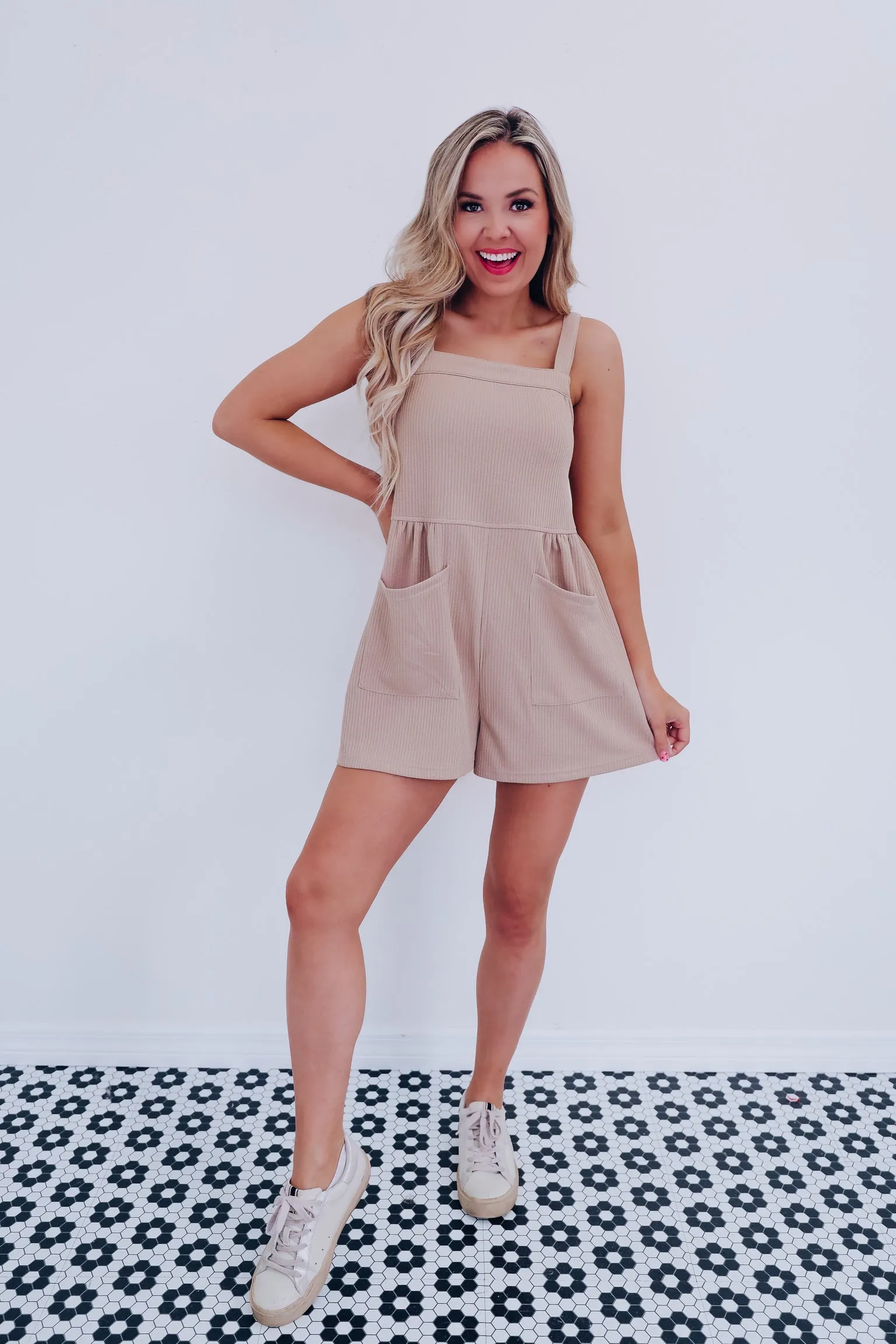 Bobi Ribbed Pocketed Romper- Taupe