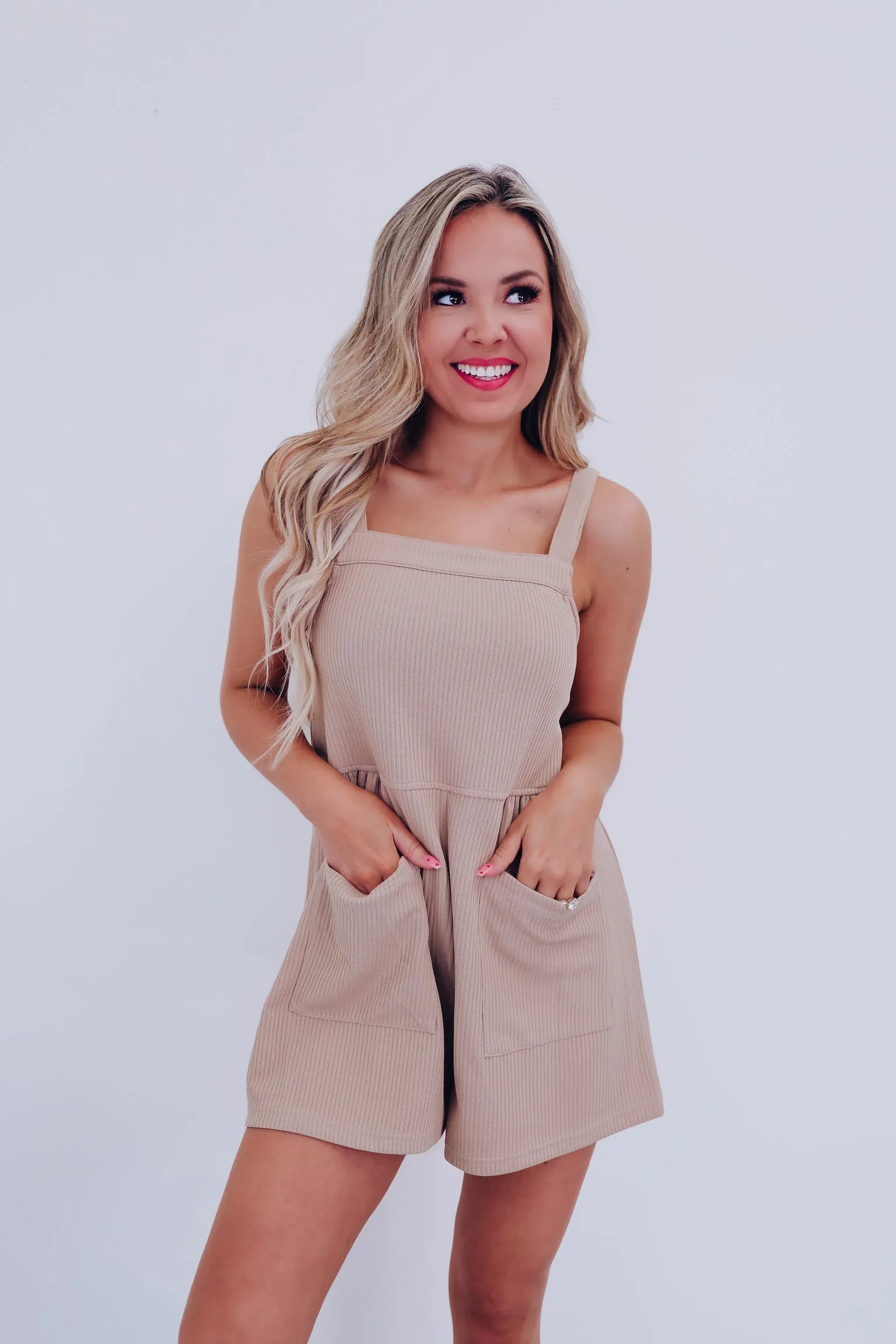 Bobi Ribbed Pocketed Romper- Taupe