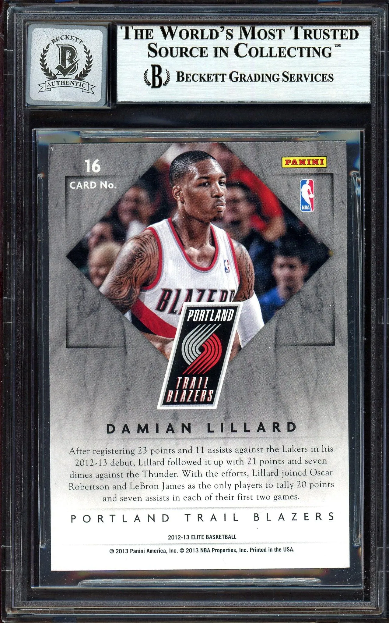 Damian Lillard Autographed 2012-13 Panini Elite Rookie Card #16 Portland Trail Blazers Auto Grade Gem Mint 10 Beckett BAS #13605393