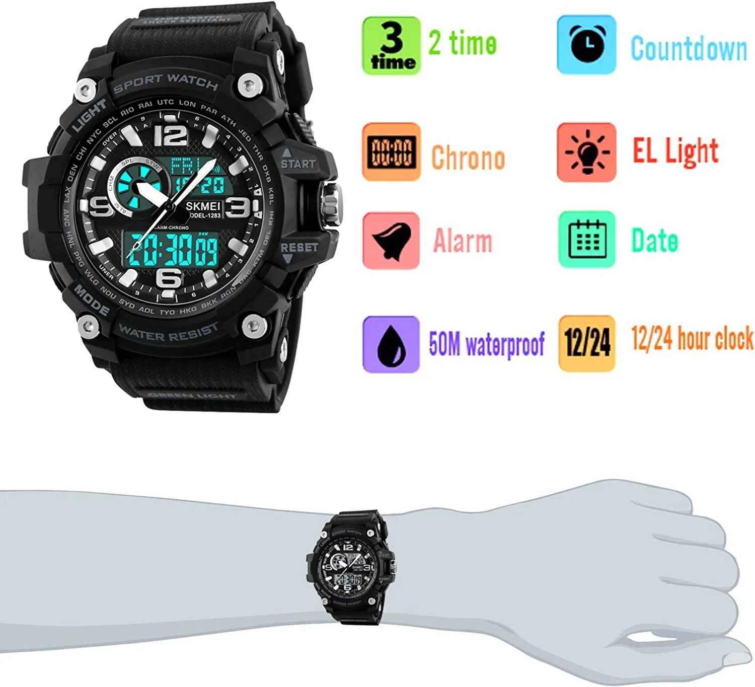 Dayllon Mens Analog Digital LED 50M Waterproof Outdoor Sport Watch Military Multifunction Casual Dual Display 12H/24H Stopwatch Calendar Wrist Watch