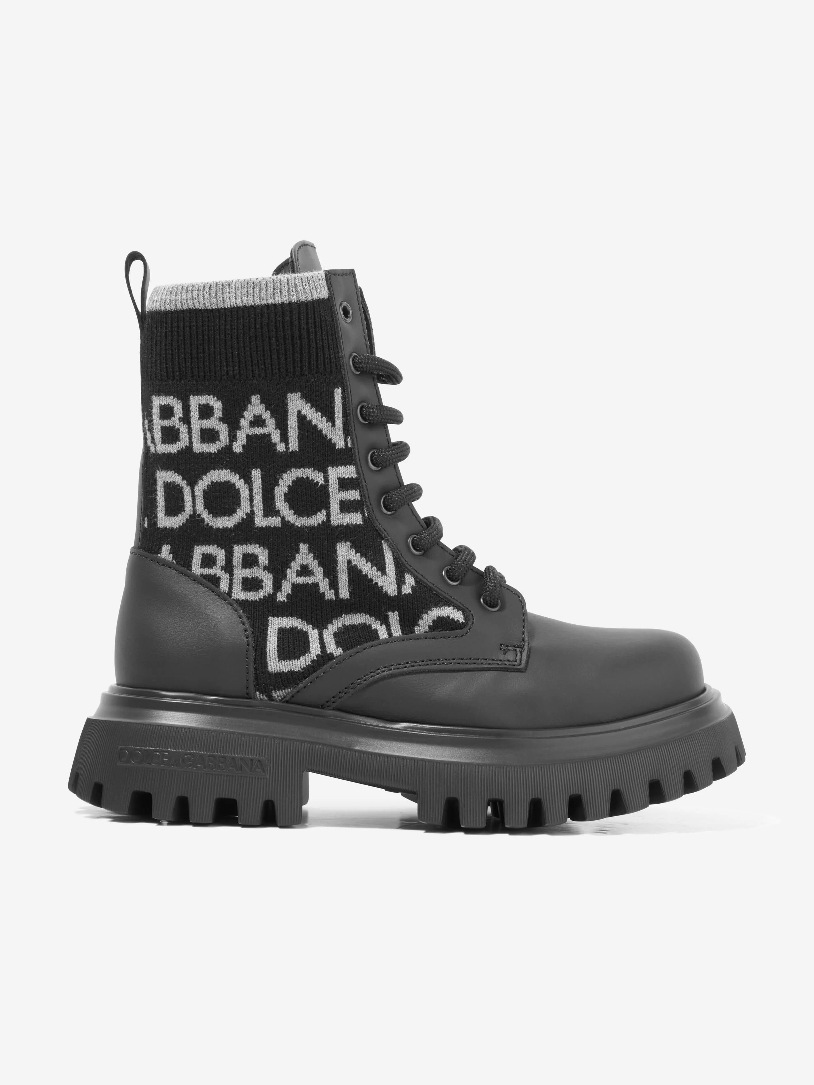 Dolce & Gabbana Boys Leather Logo Combat Boots in Black