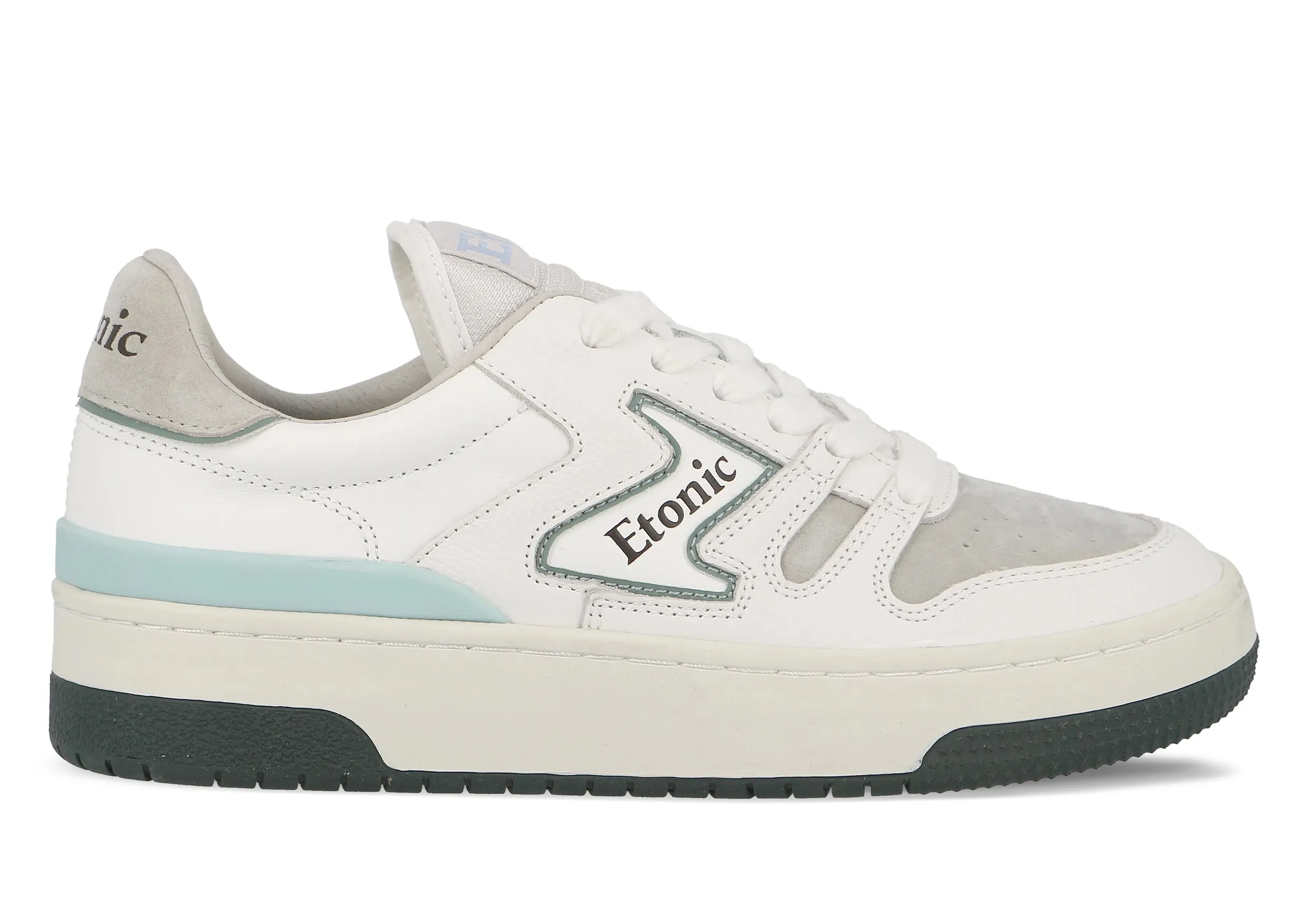 Etonic B481 sneakers in grey suede leather toebox, white leather with white midsole, blue bottom outsole and baby blue details.