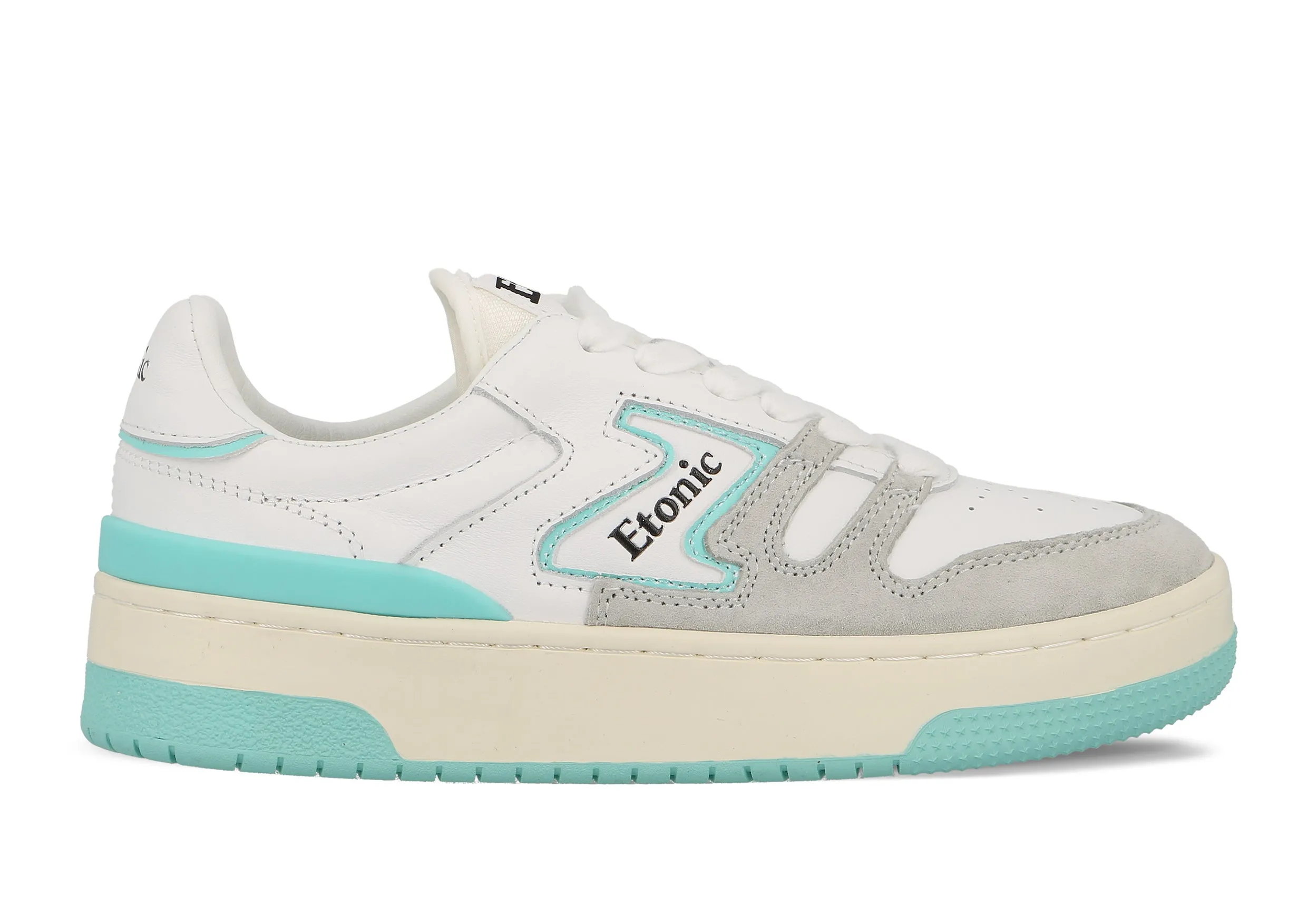 Etonic B481 sneakers in white leather and light grey suede with turquoise inserts and details.