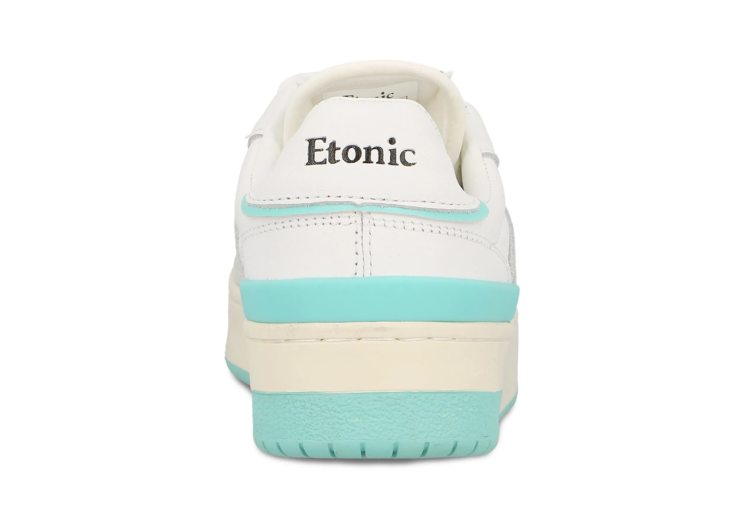 Etonic B481 sneakers in white leather and light grey suede with turquoise inserts and details.