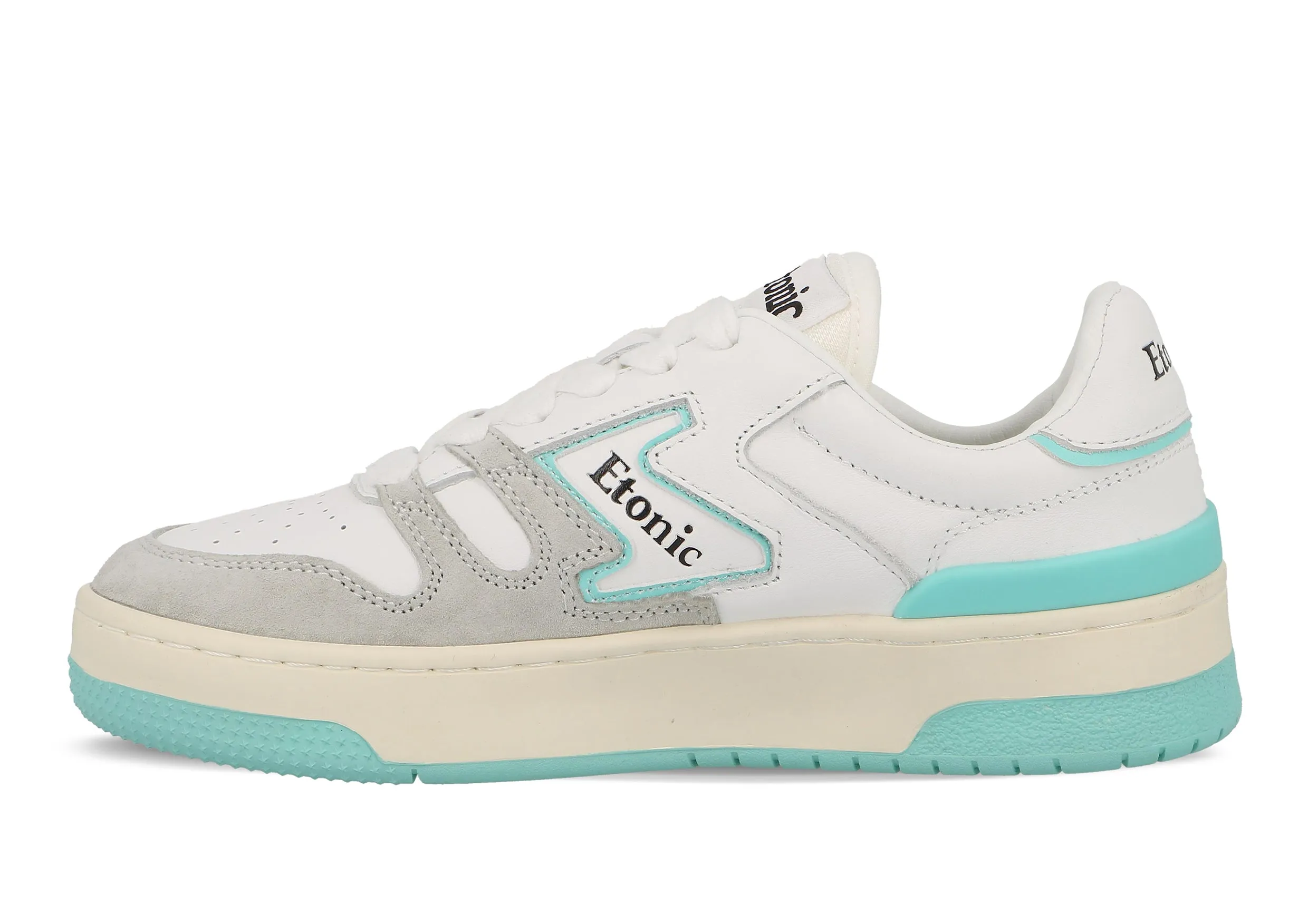 Etonic B481 sneakers in white leather and light grey suede with turquoise inserts and details.