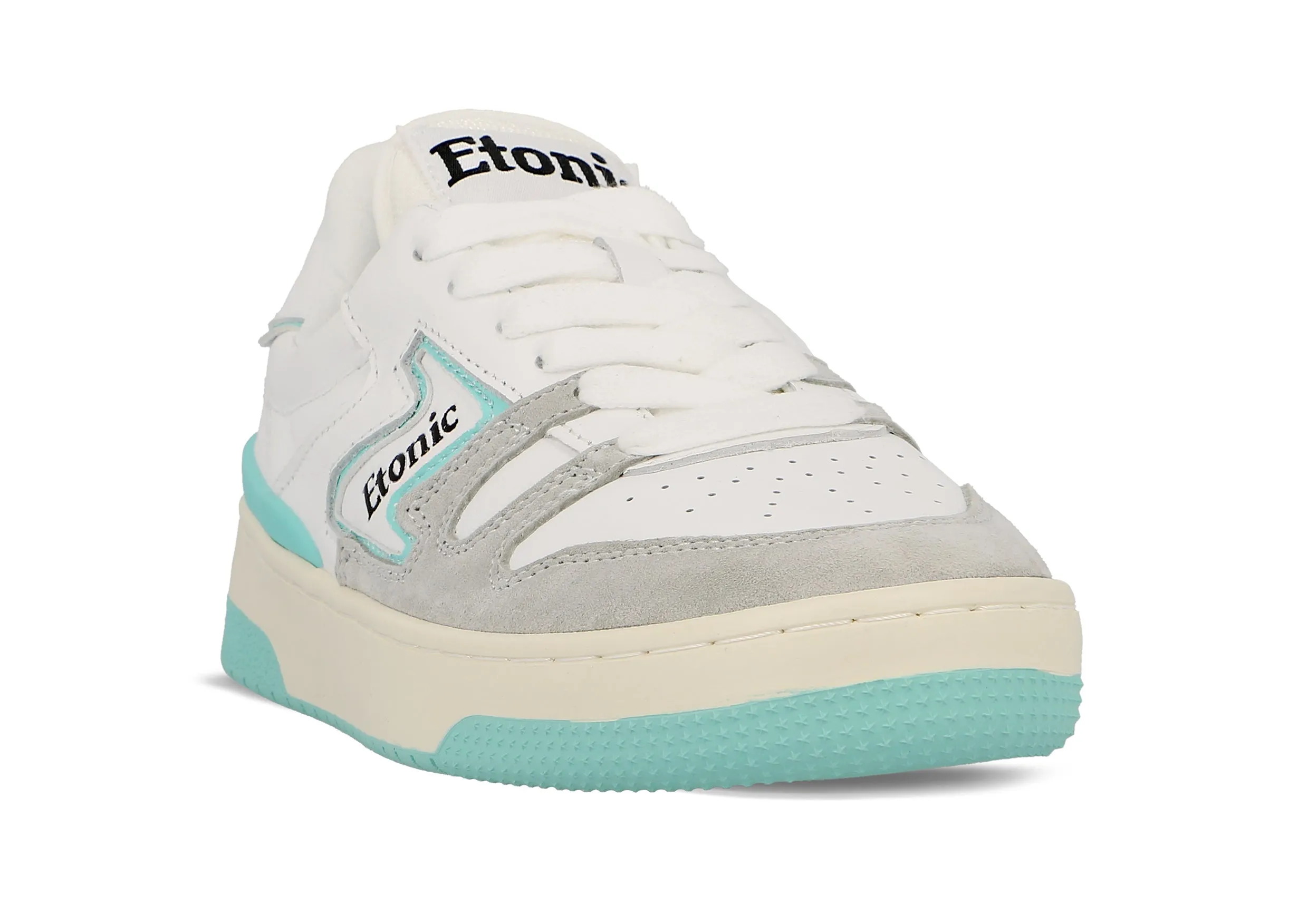 Etonic B481 sneakers in white leather and light grey suede with turquoise inserts and details.