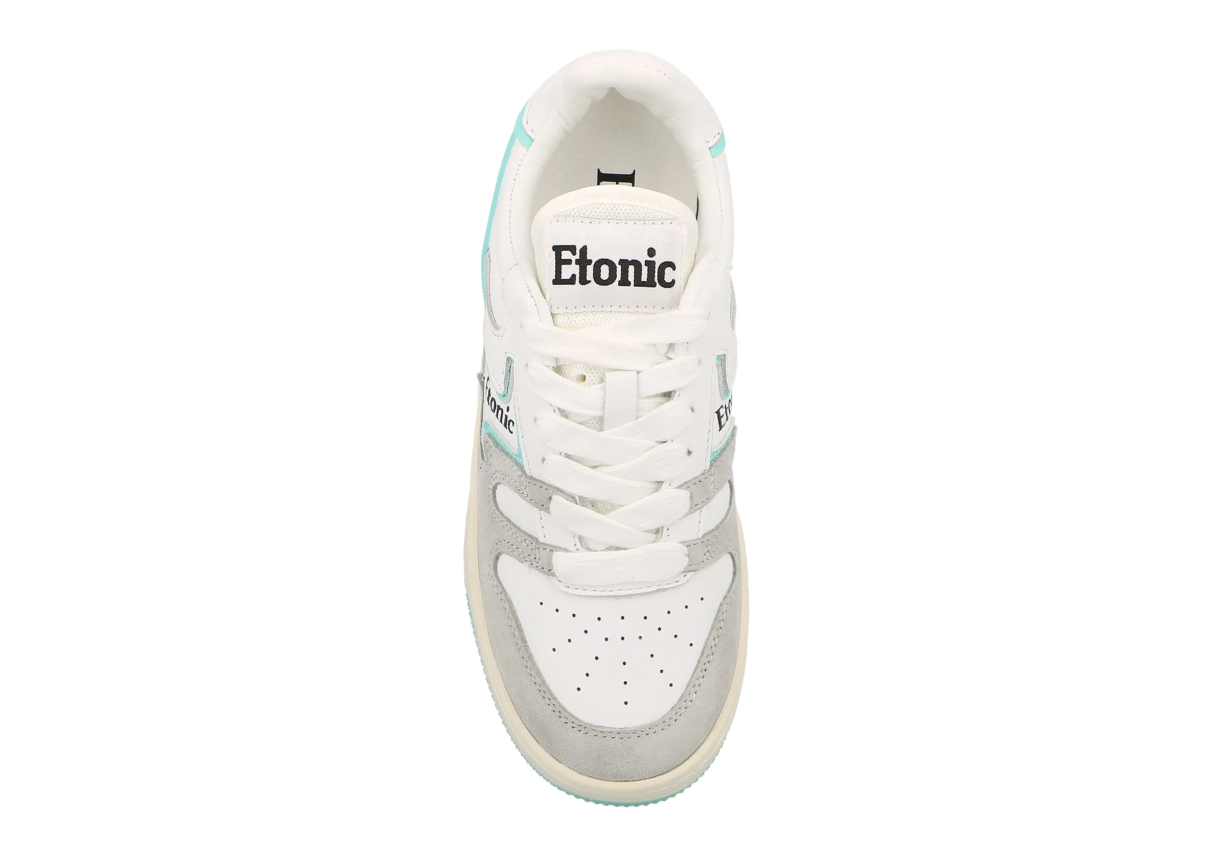 Etonic B481 sneakers in white leather and light grey suede with turquoise inserts and details.