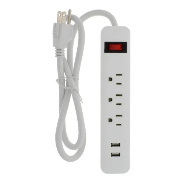 Extension Cord & Surge Protector Strip, 3 Outlet 2 USB Strip