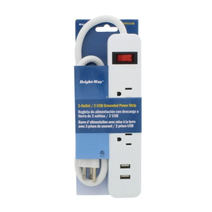 Extension Cord & Surge Protector Strip, 3 Outlet 2 USB Strip