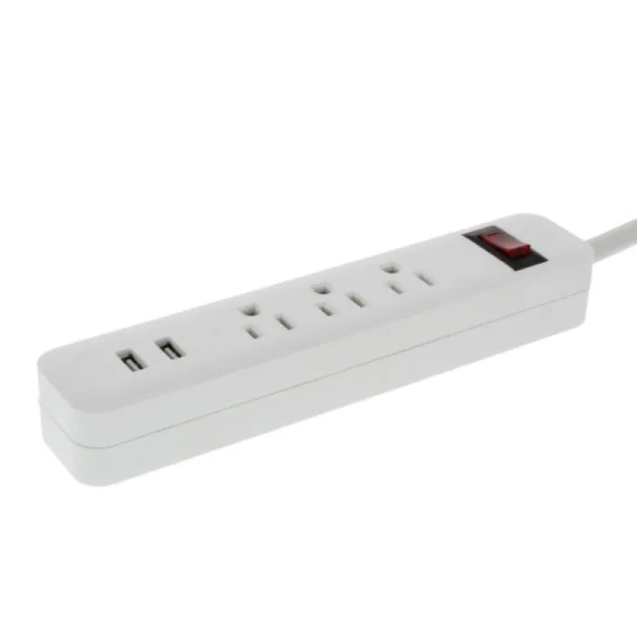 Extension Cord & Surge Protector Strip, 3 Outlet 2 USB Strip