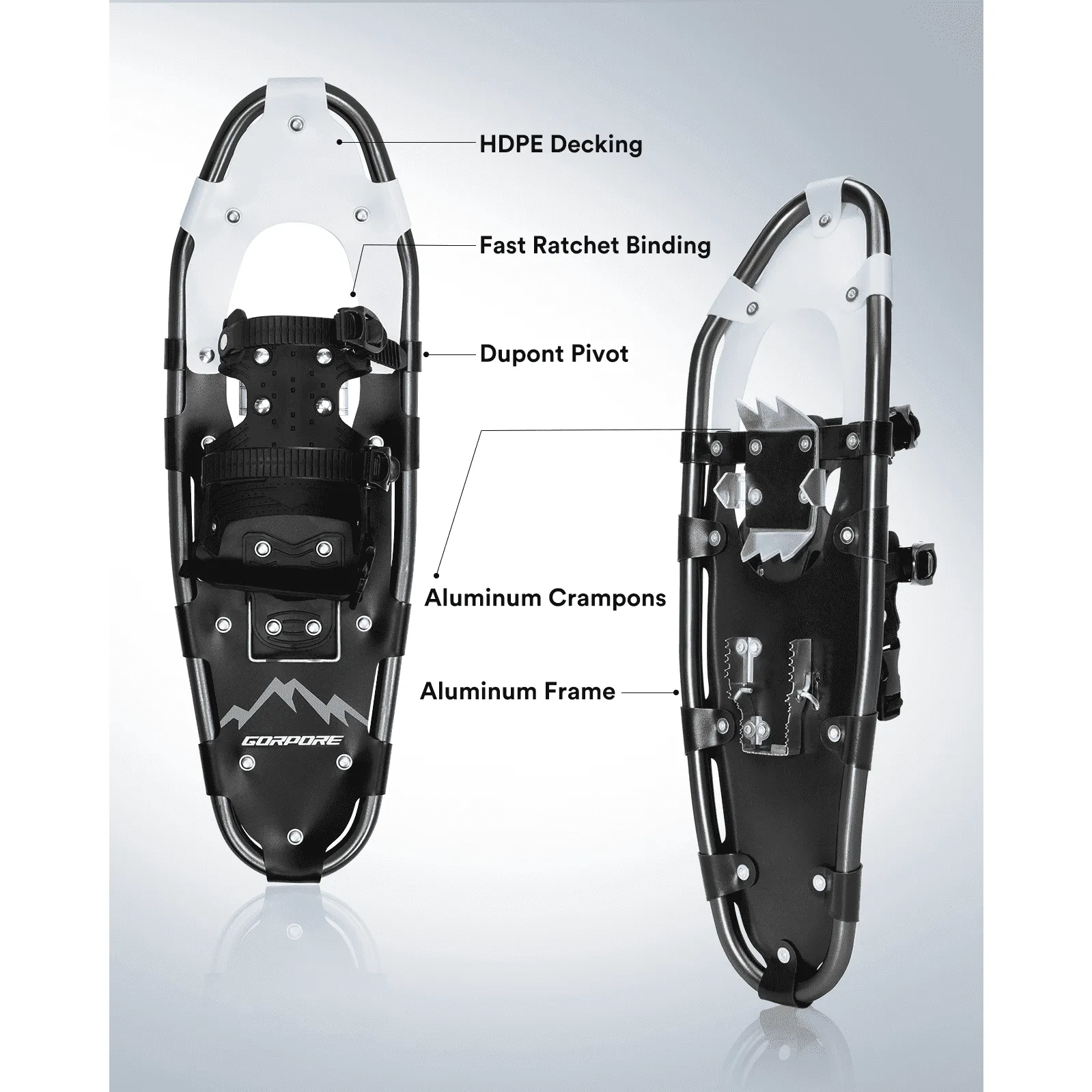 GORPORE 3-in-1 Xtreme Lightweight All Terrain Snowshoes for Men Women Youth Kids, with Trekking Poles and Free Snowshoe Bag, 21"/25"/30"