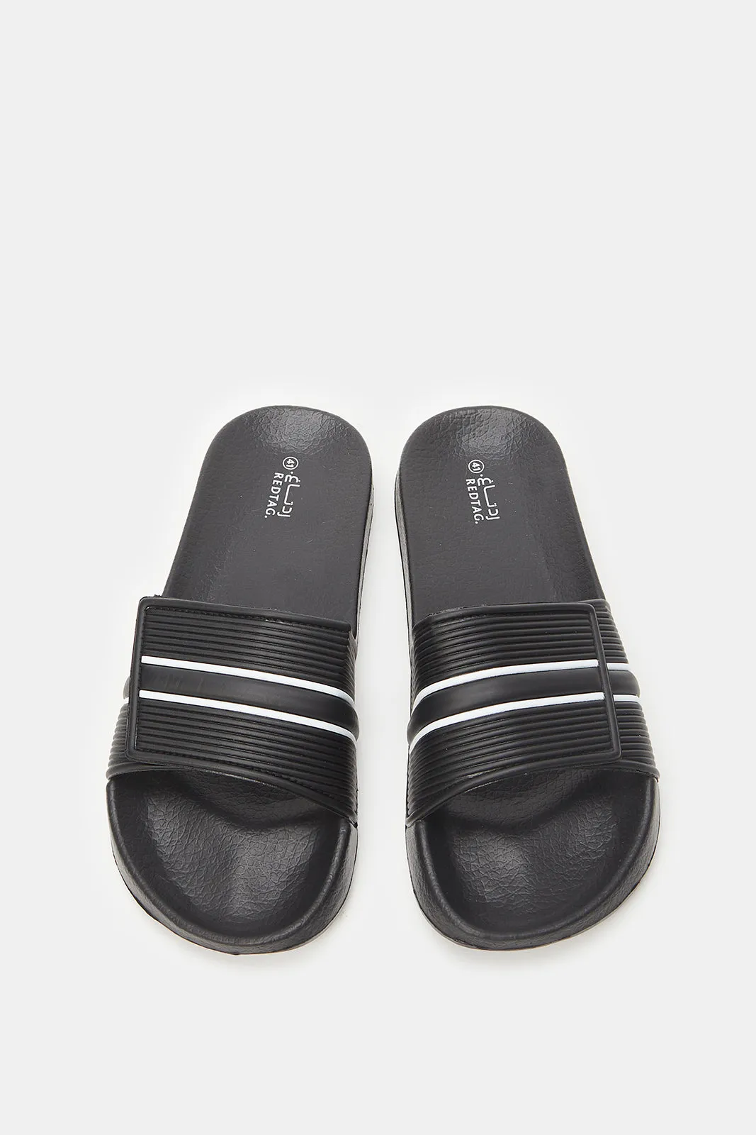 Men Black Stripe Embossed Slide With Velcro