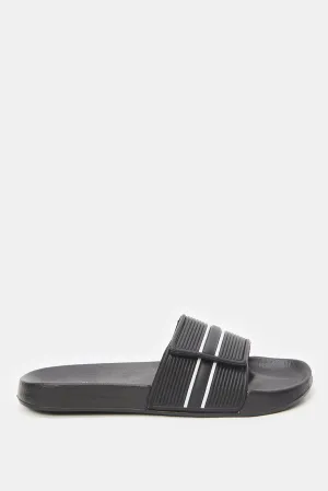 Men Black Stripe Embossed Slide With Velcro