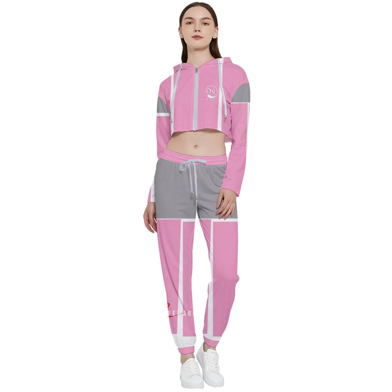 Mesh Knit Sneakers Design pink Cropped Zip Up Lounge Set