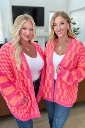 Noticed in Neon Checkered Cardigan in Pink and Orange