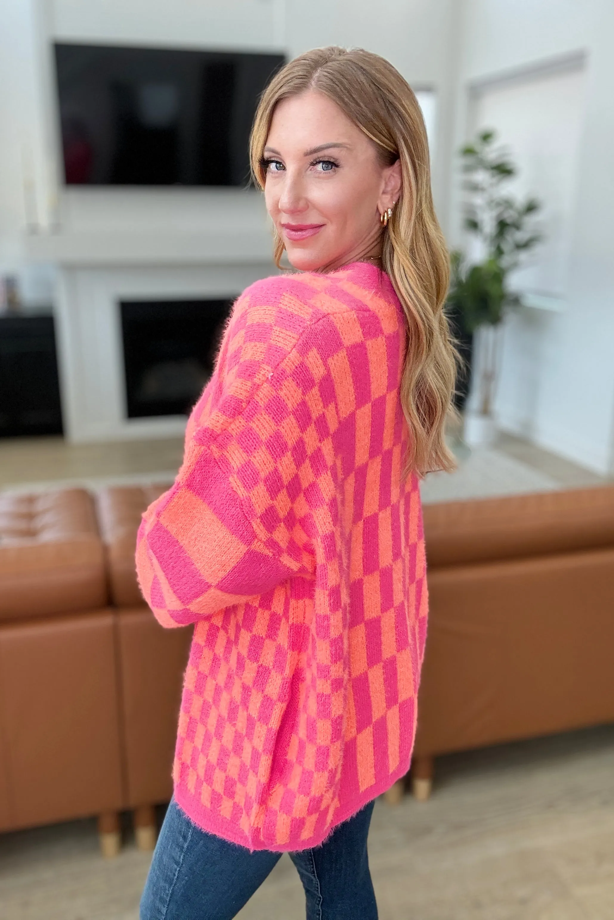 Noticed in Neon Checkered Cardigan in Pink and Orange