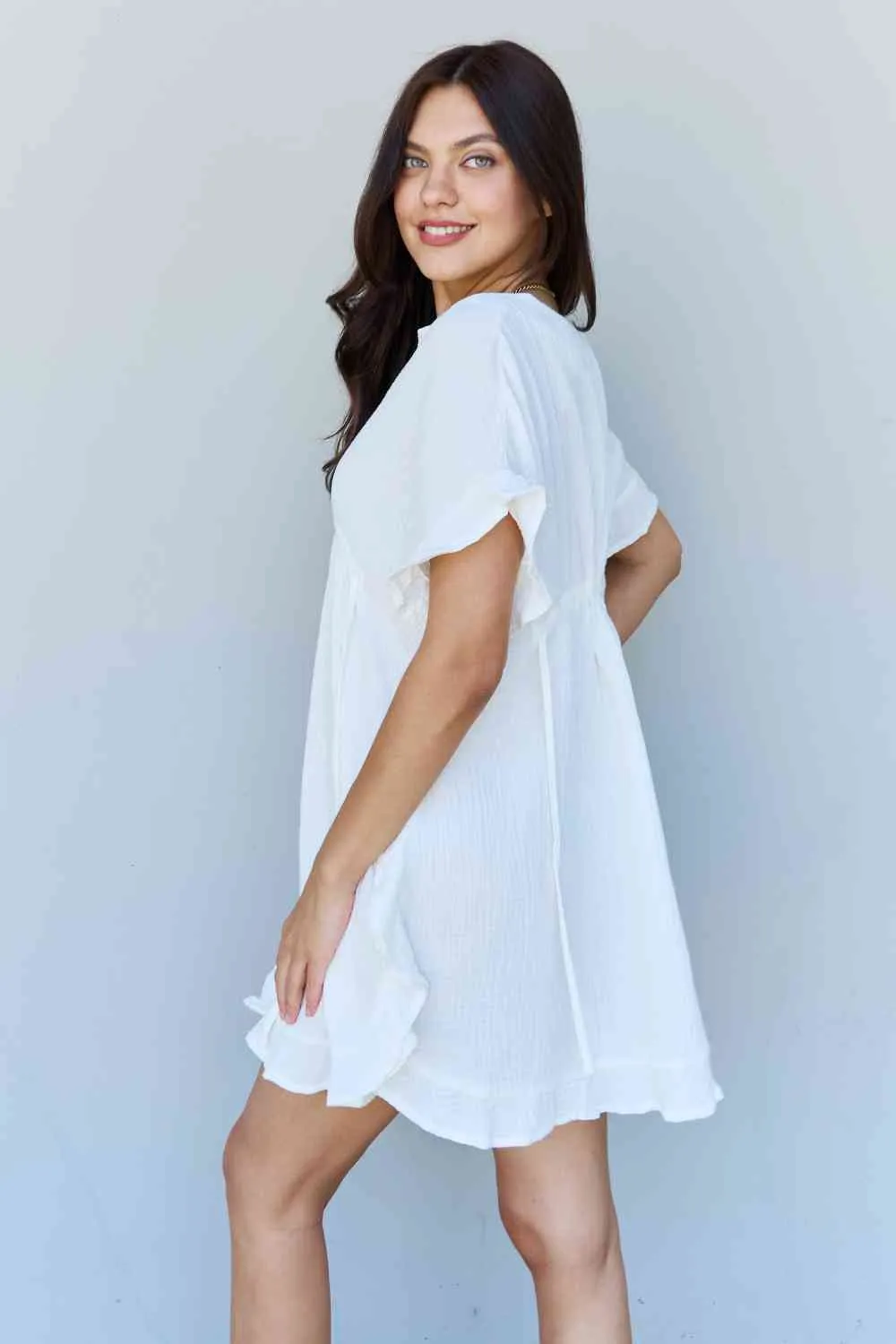 Out Of Time Full Size Ruffle Hem Dress with Drawstring Waistband in White