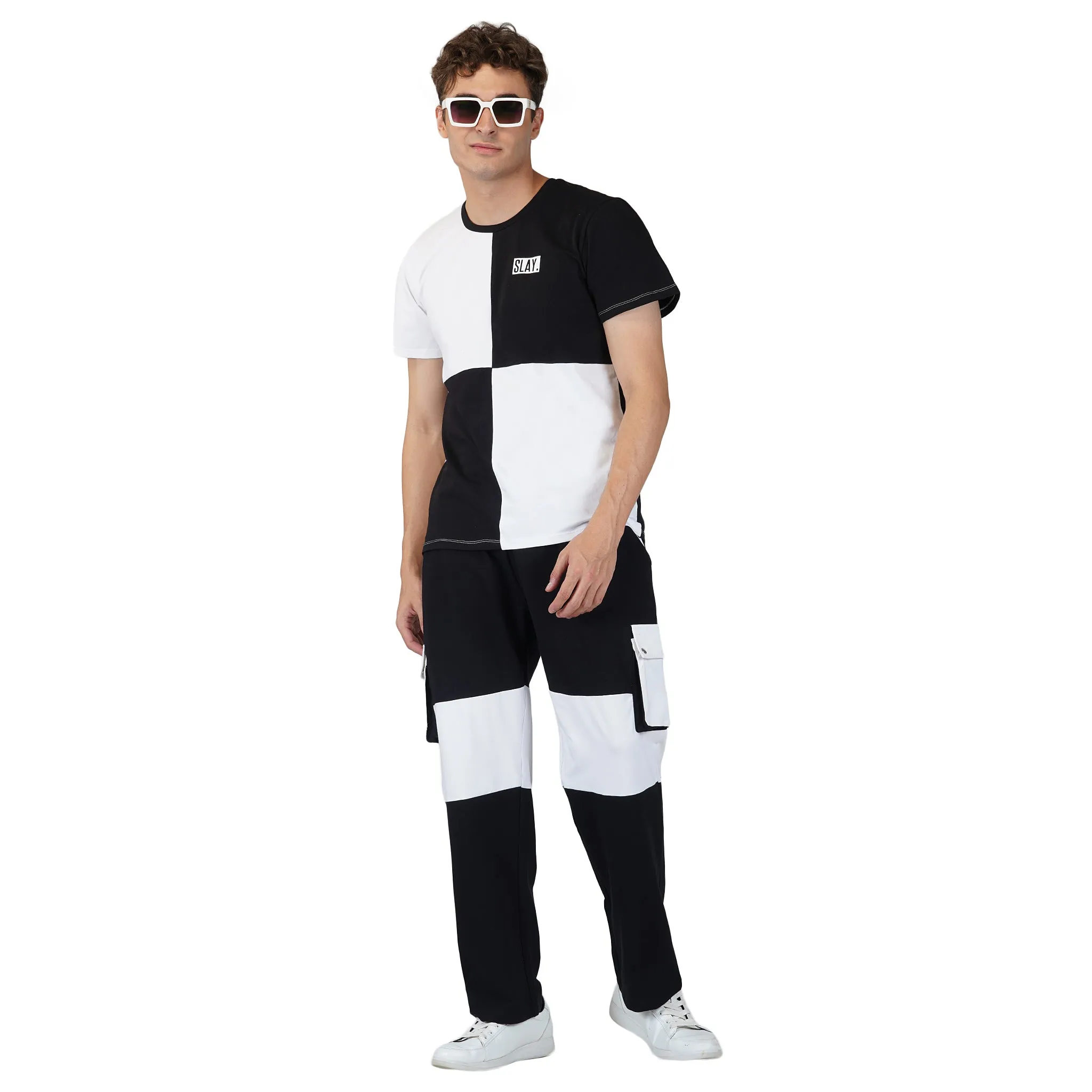 SLAY. Men's Black & White T-shirt & Cargo Pants Co-ord Set