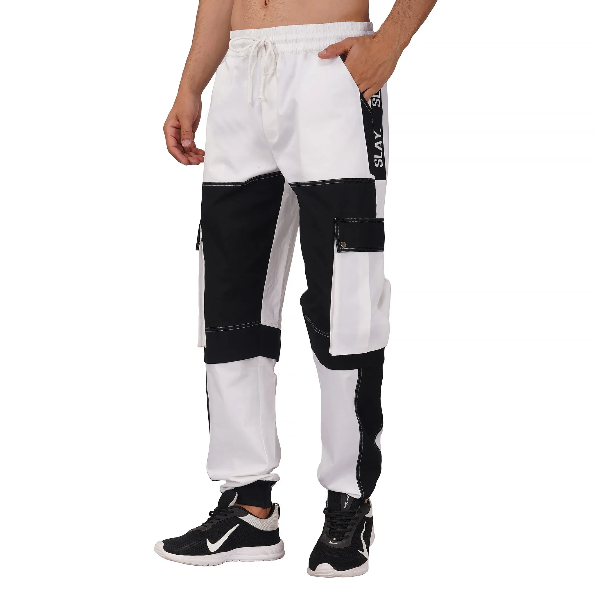 SLAY. Men's Colorblock Oversized White & Black T-shirt & Cargo Pants Co-ord Set