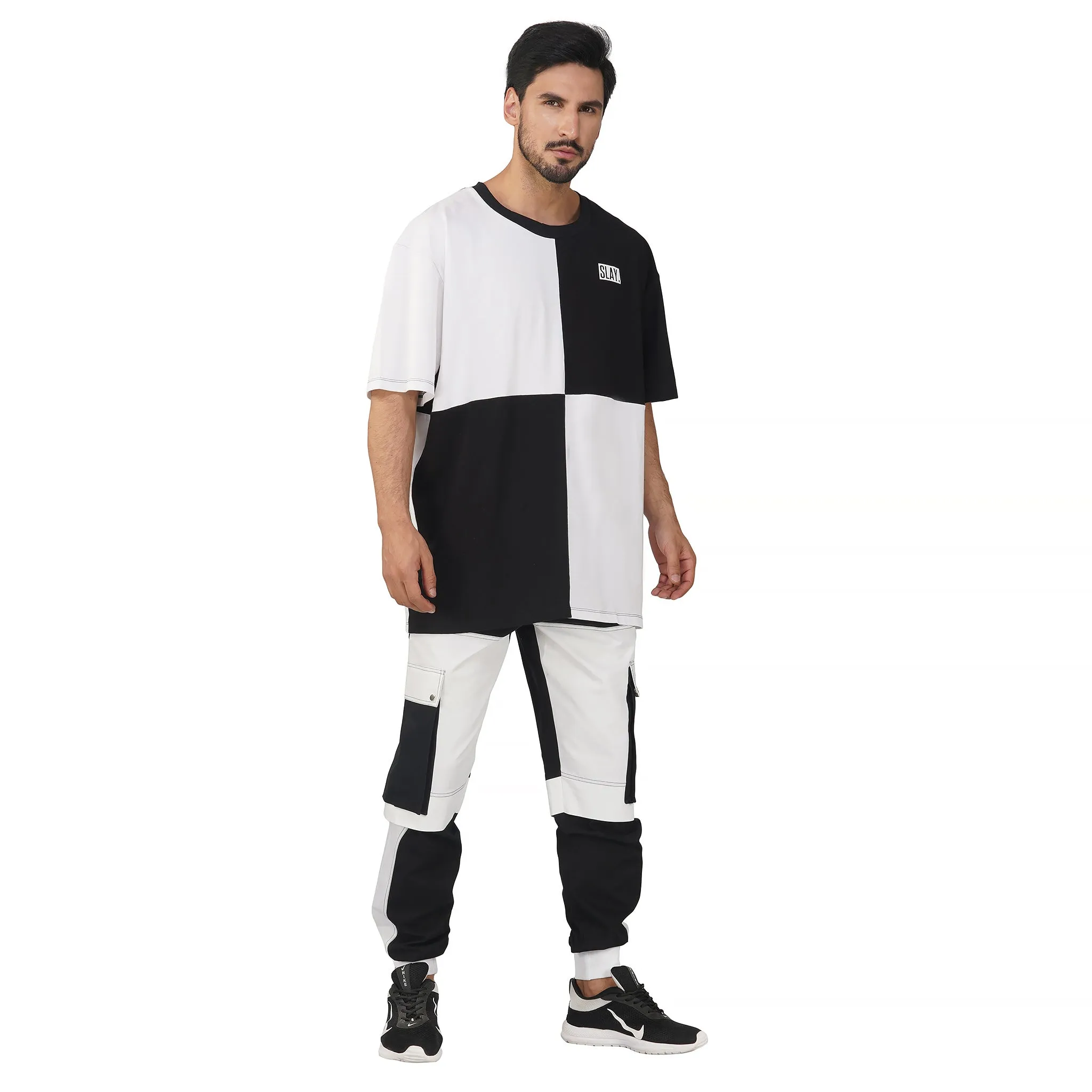 SLAY. Men's Oversized Black & White T-shirt & Cargo Pants Co-ord Set