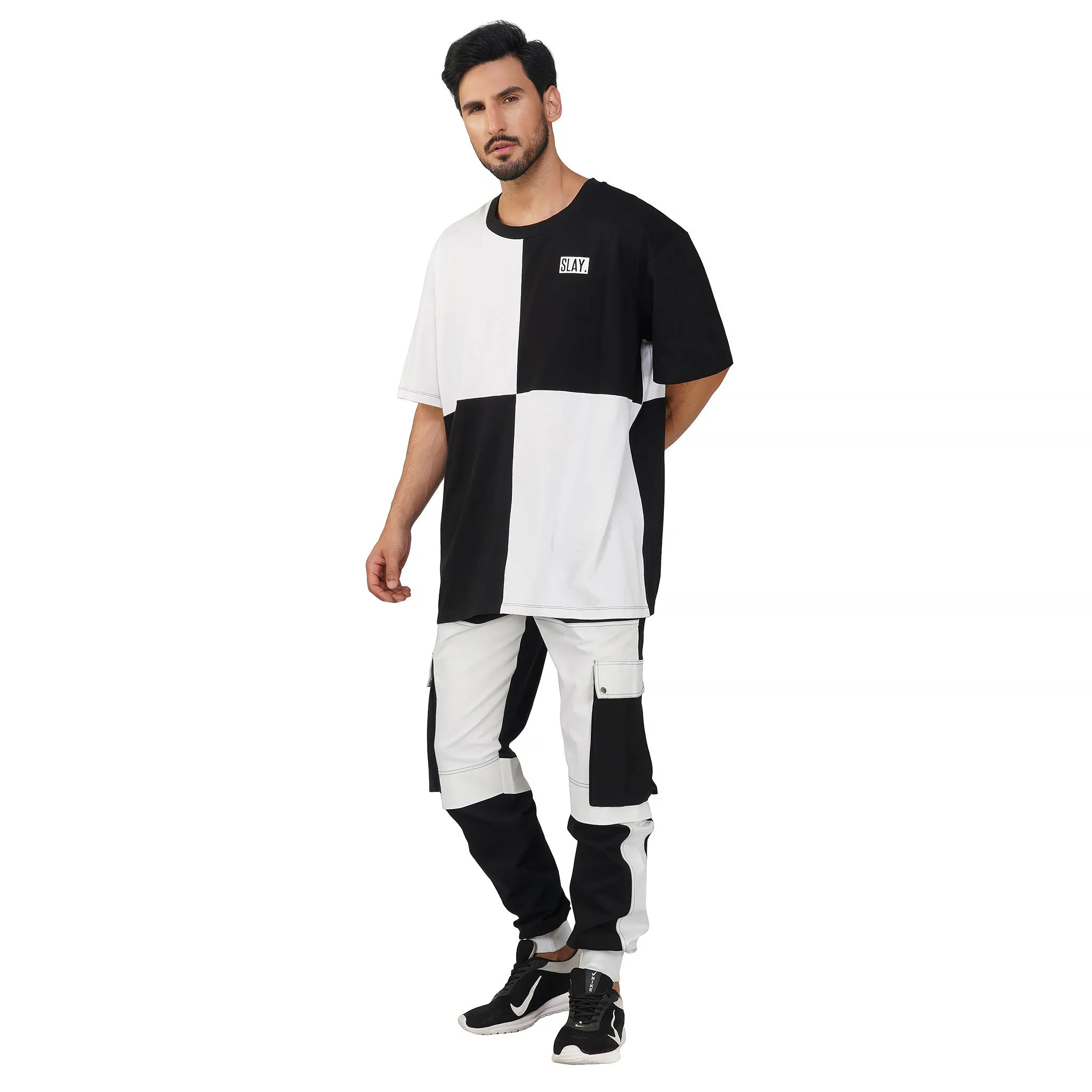 SLAY. Men's Oversized Black & White T-shirt & Cargo Pants Co-ord Set