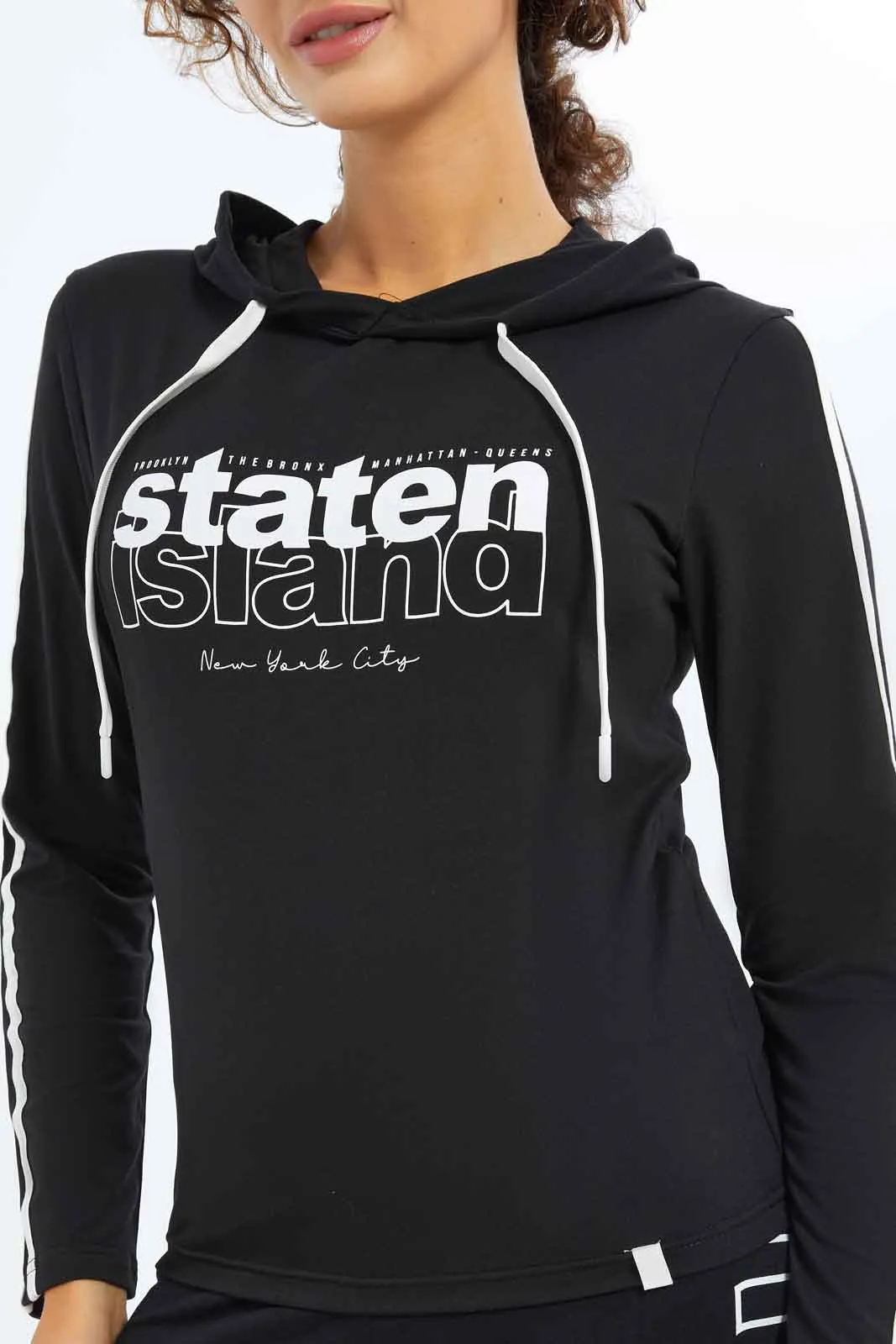 Women Black Hooded Placement Print Sweatshirt