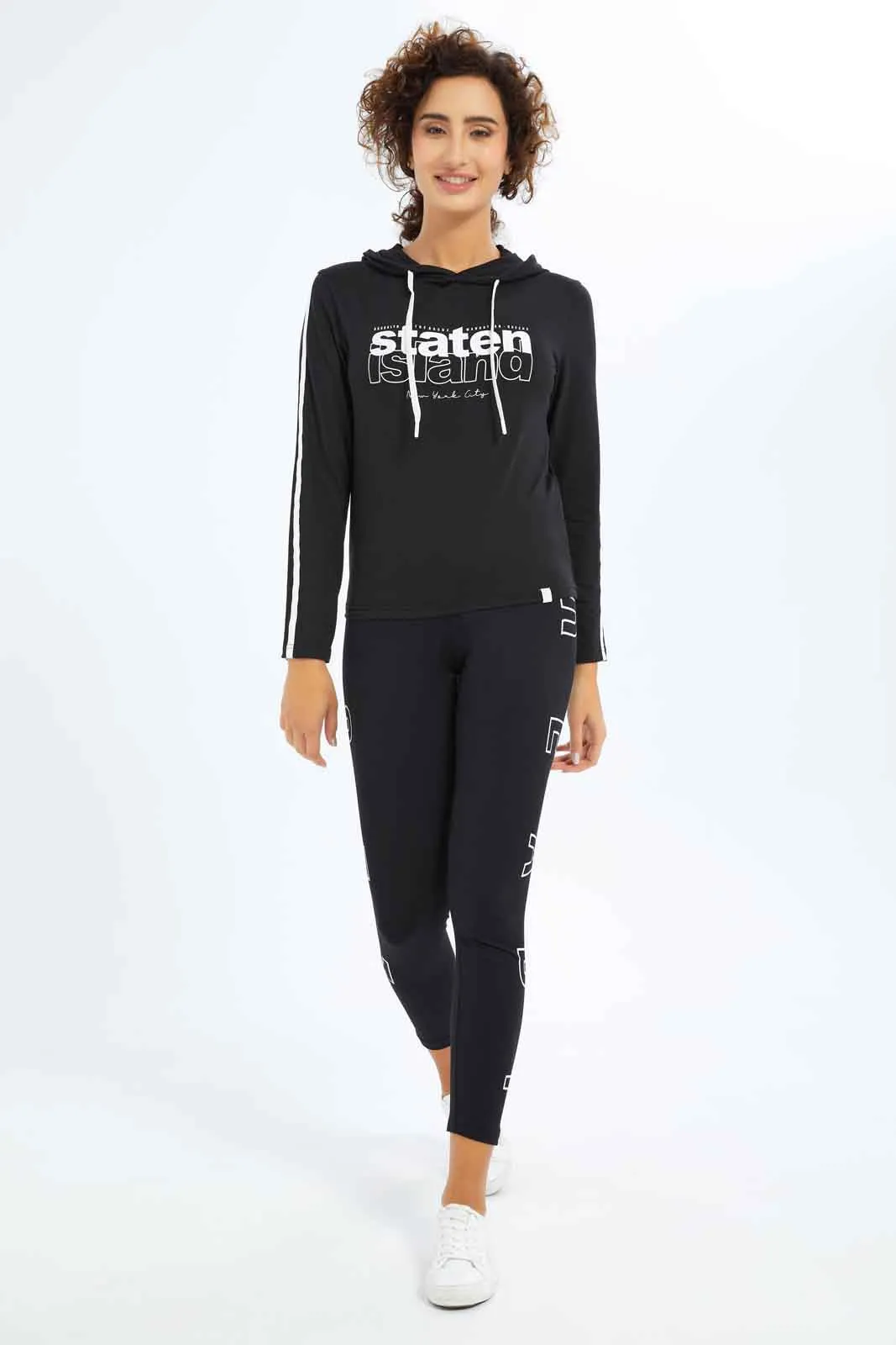 Women Black Hooded Placement Print Sweatshirt